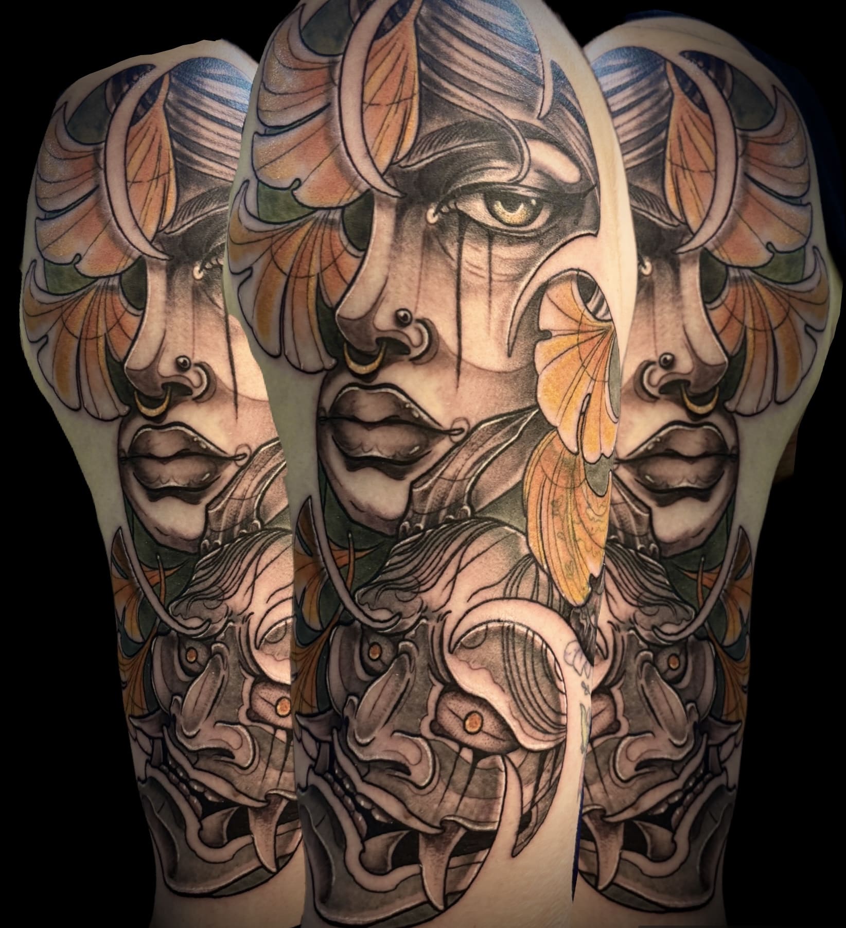 Woman with Flowers and Oni Mask Tattoo