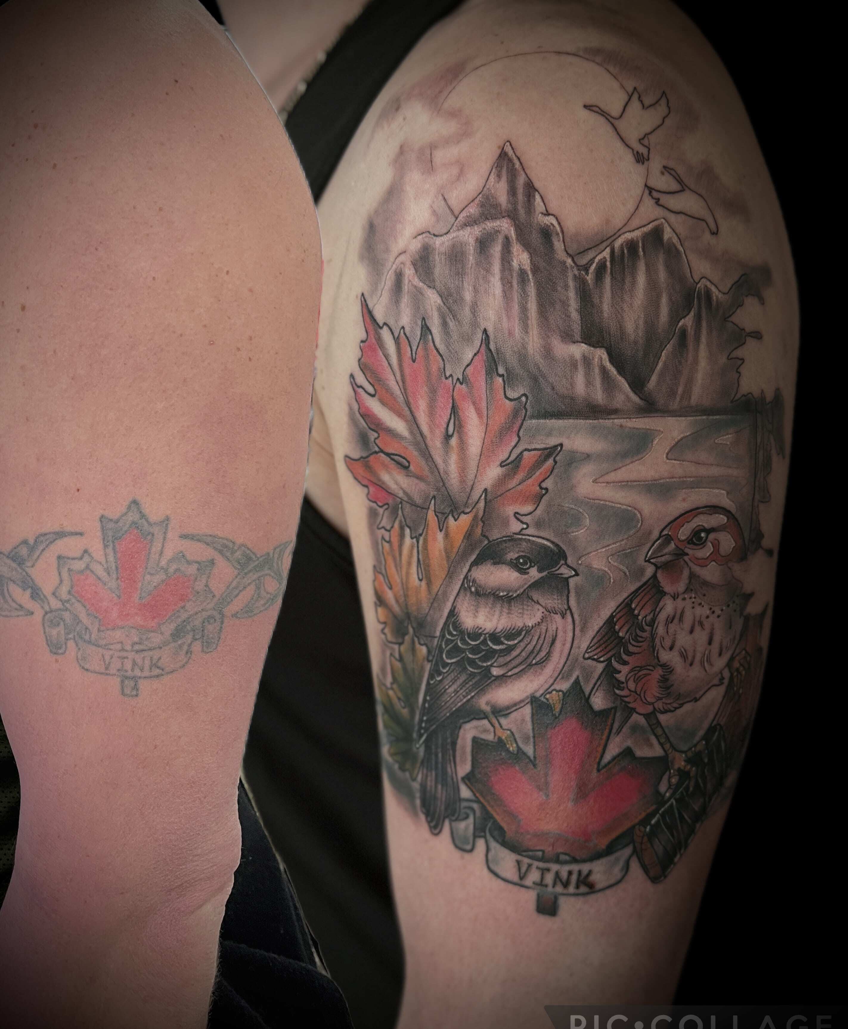 Canadian Mountains and birds tattoo Coverup