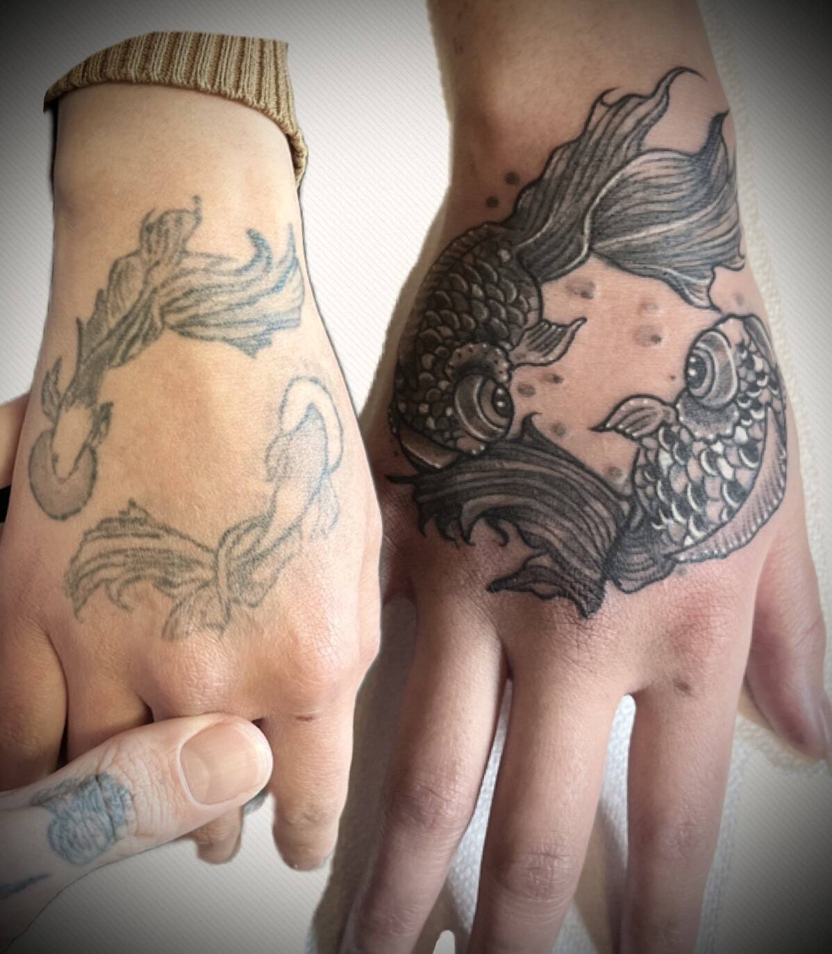 Fish on hand coverup tattoo