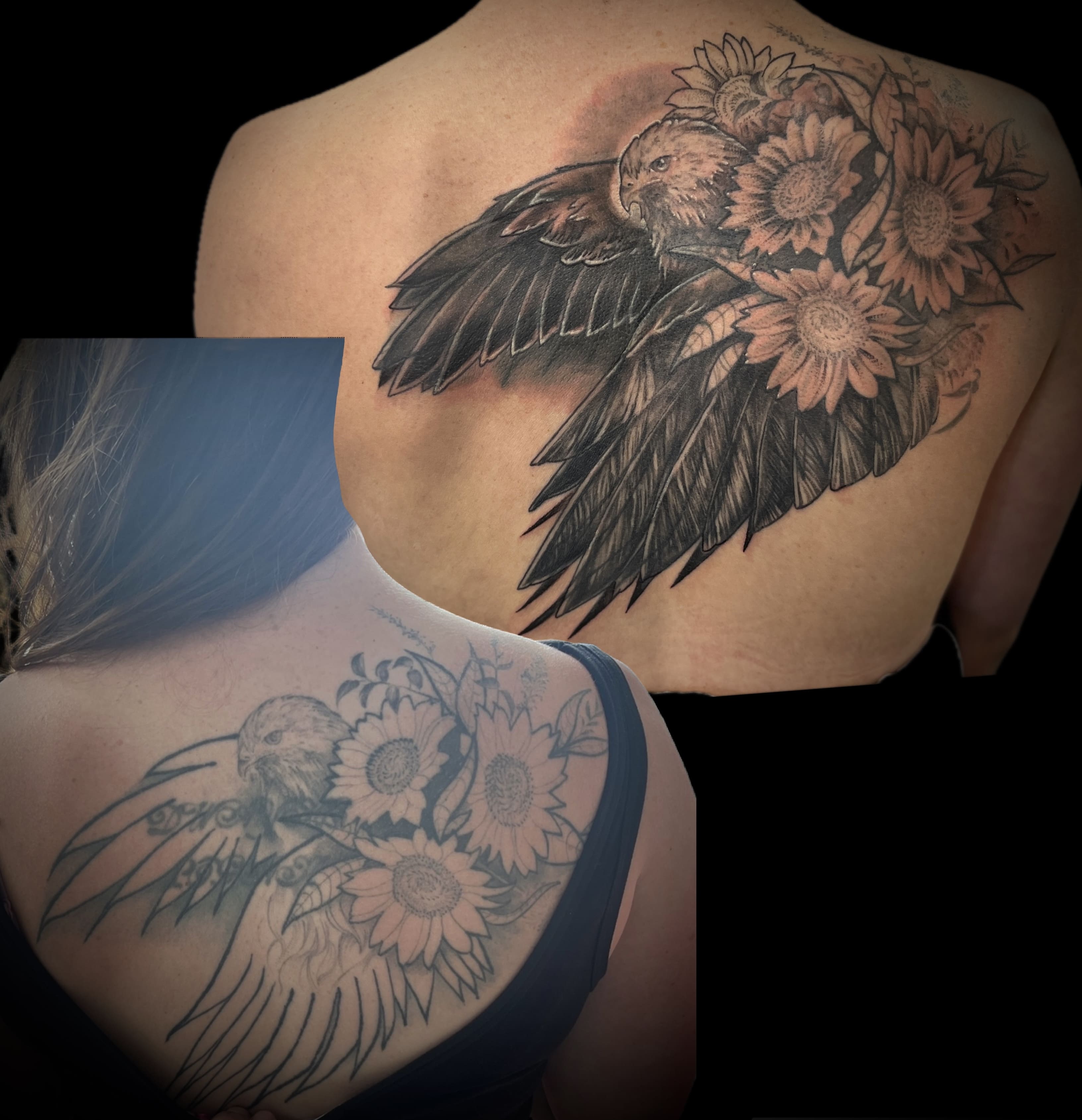 Bird and Flowers Coverup Tattoo