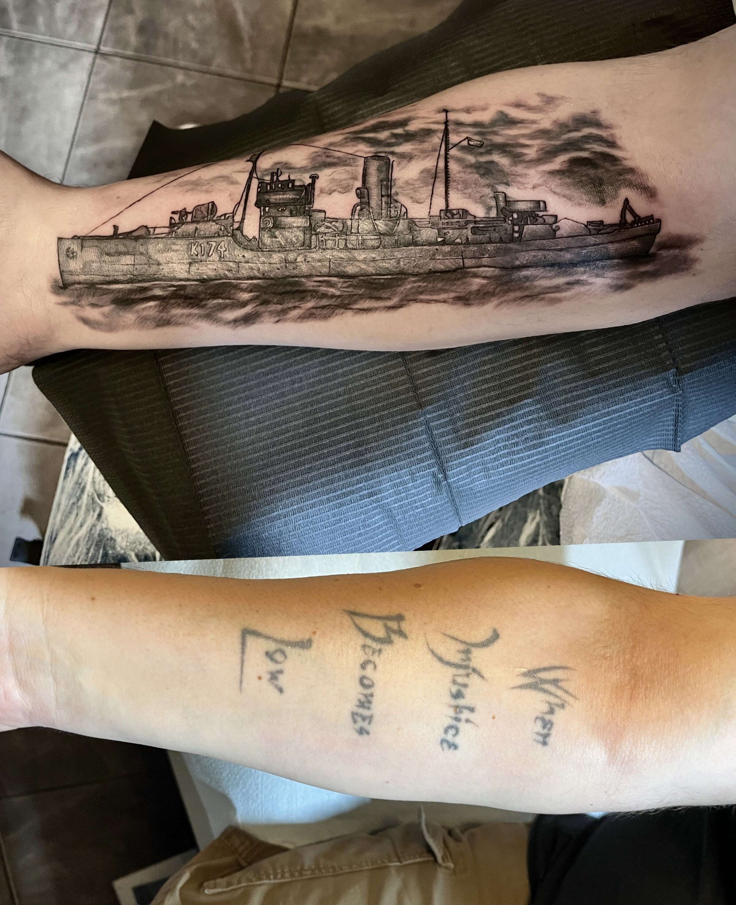 Ship Covering up Script Tattoo