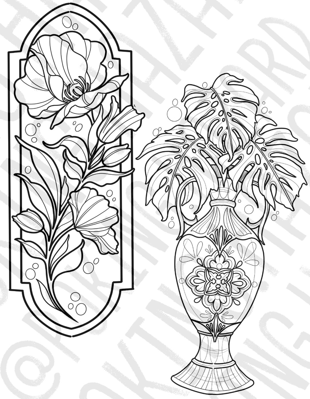 Available illustrative tattoo designs featuring a framed floral poppy and a decorative vase with monstera leaves, by AJ at Poking Hazard in Edmonton, AB