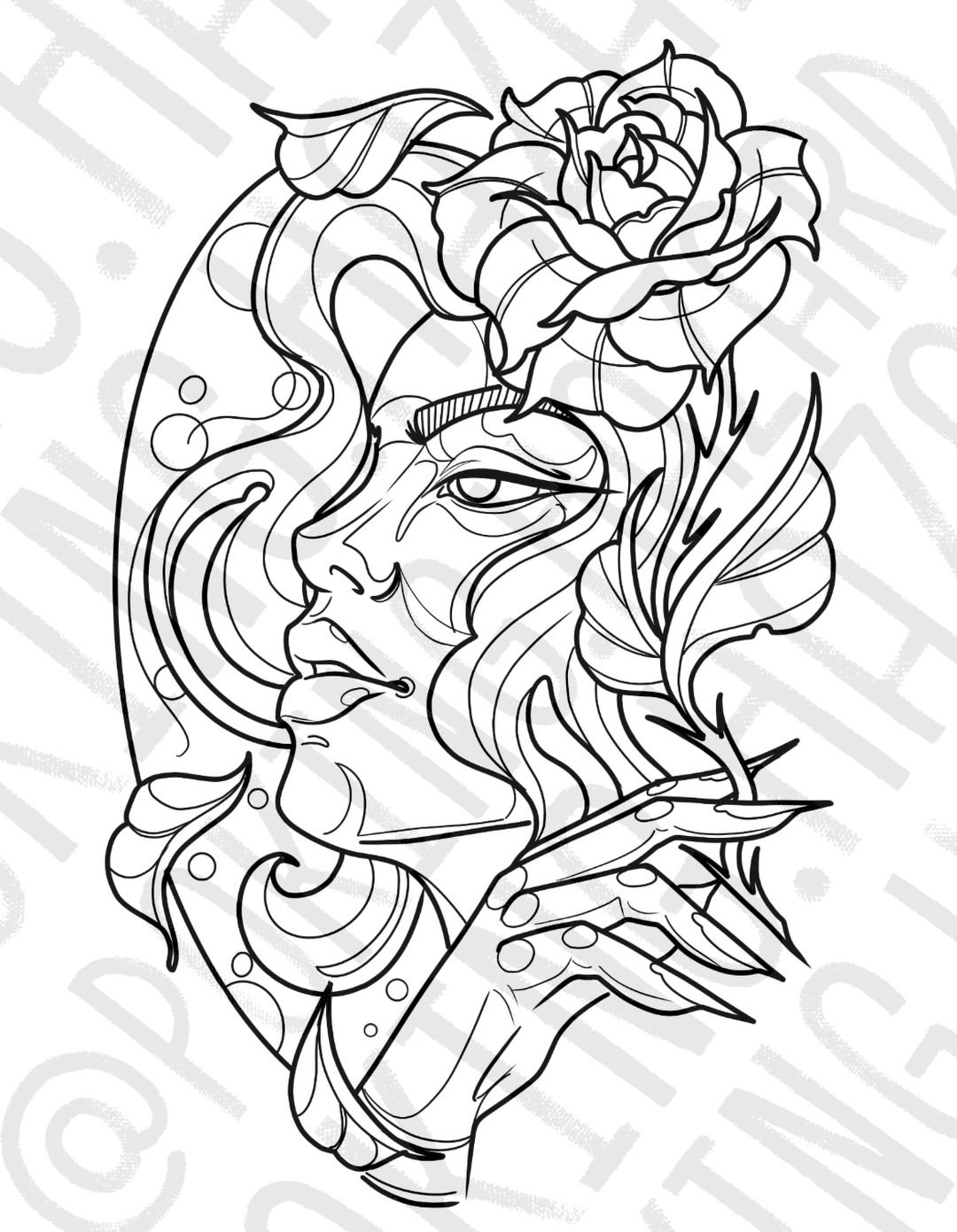 Available illustrative tattoo design featuring a woman's profile intertwined with a rose, ready for custom booking with AJ at Poking Hazard in Edmonton, AB.