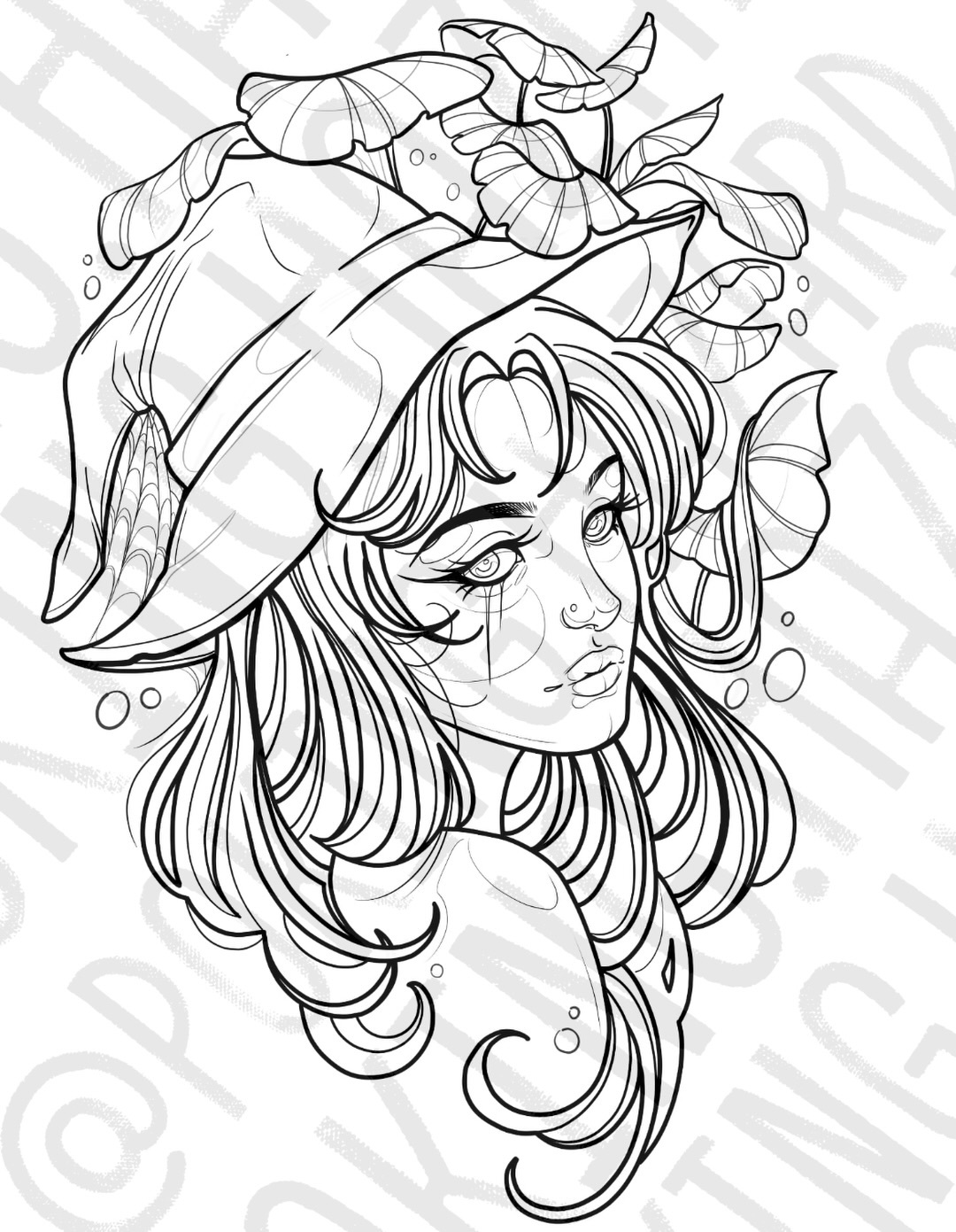 Available illustrative tattoo design featuring a witch in a pointed hat adorned with ginkgo leaves, ready for custom booking with AJ at Poking Hazard in Edmonton, AB.