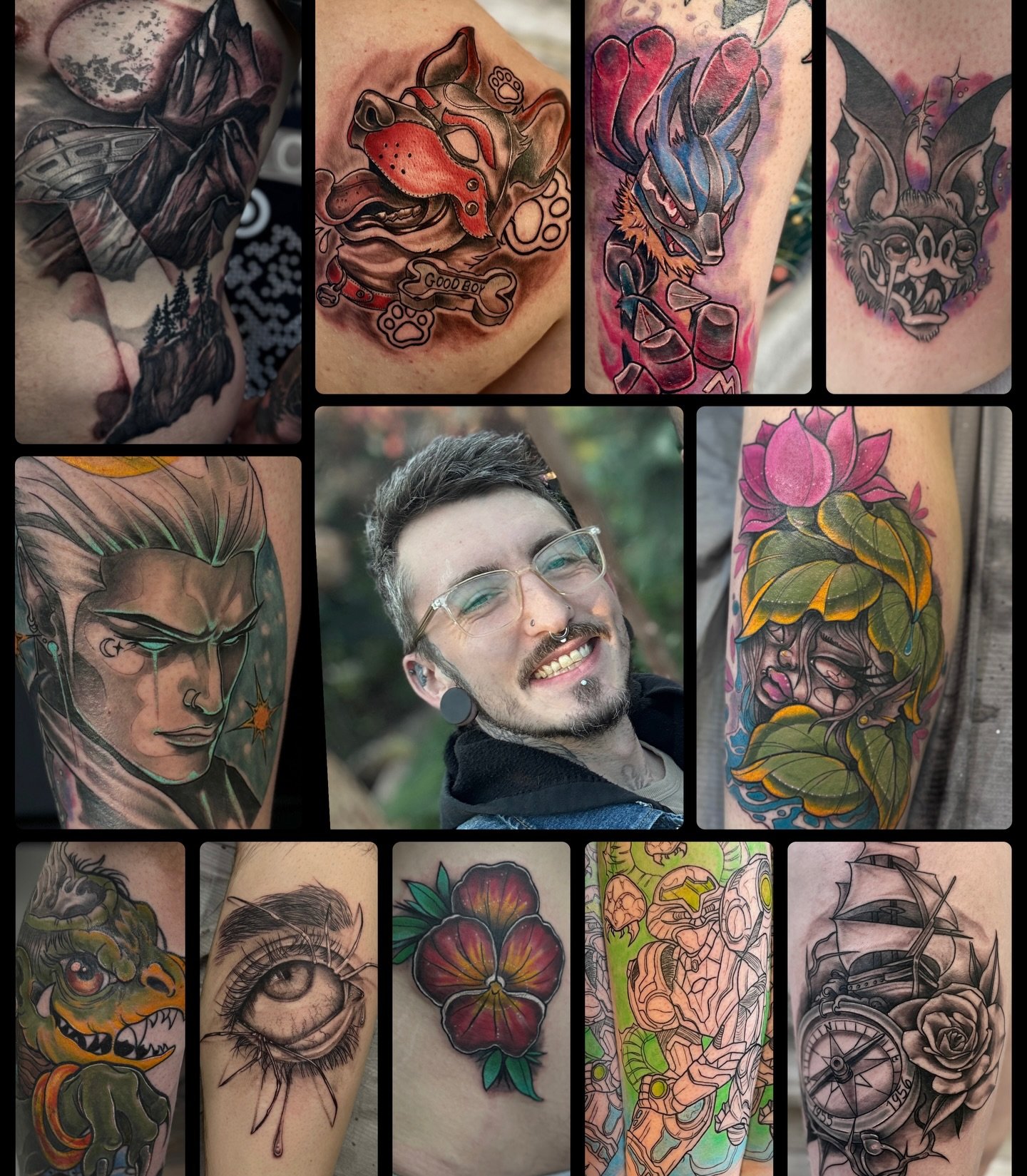 A professional portfolio collage featuring a central portrait of tattoo artist AJ and a diverse collection of his work, including black and grey realism, vibrant neo-traditional characters, and intricate illustrative designs at Poking Hazard in Edmonton, AB.