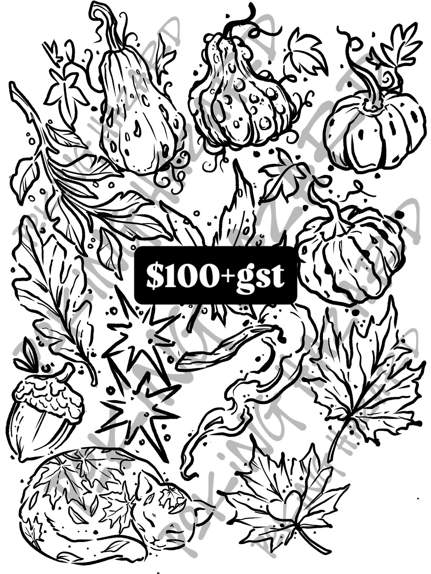 Available autumn-themAvailable spooky illustrative tattoo flash sheet featuring a pizza slice, skull and crossbones, dagger, and bats, priced at $75 plus GST by AJ at Poking Hazard in Edmonton, AB.ed tattoo flash sheet featuring pumpkins, gourds, fall leaves, and a sleeping cat, priced at $100 plus GST by AJ at Poking Hazard in Edmonton, AB.