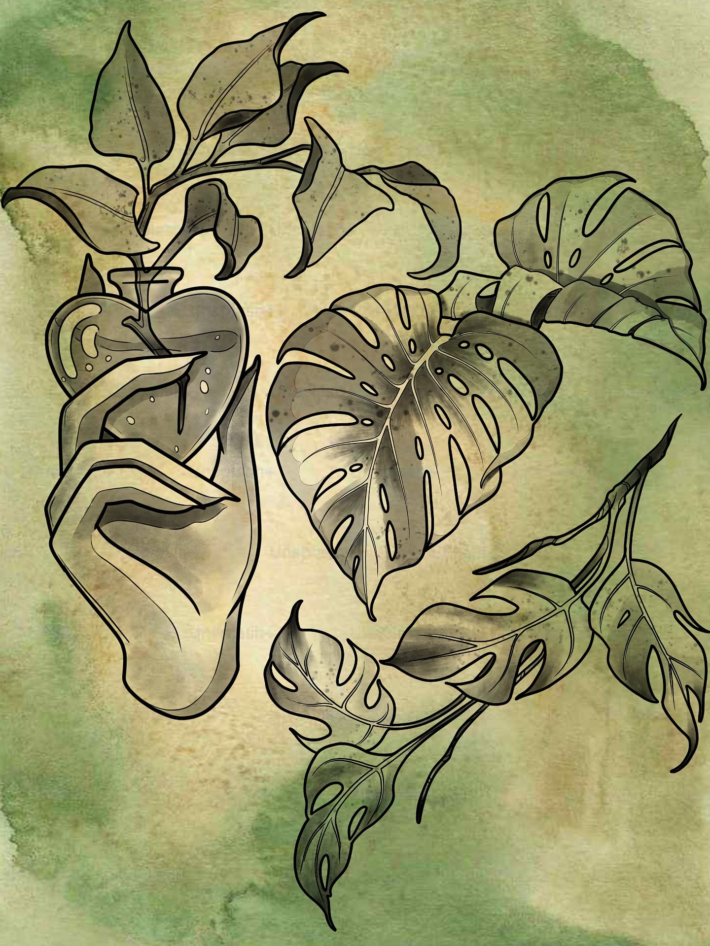 Available illustrative tattoo design featuring a hand holding a heart-shaped vial with Monstera leaves and botanical accents on a green watercolor background, by AJ at Poking Hazard in Edmonton, AB.