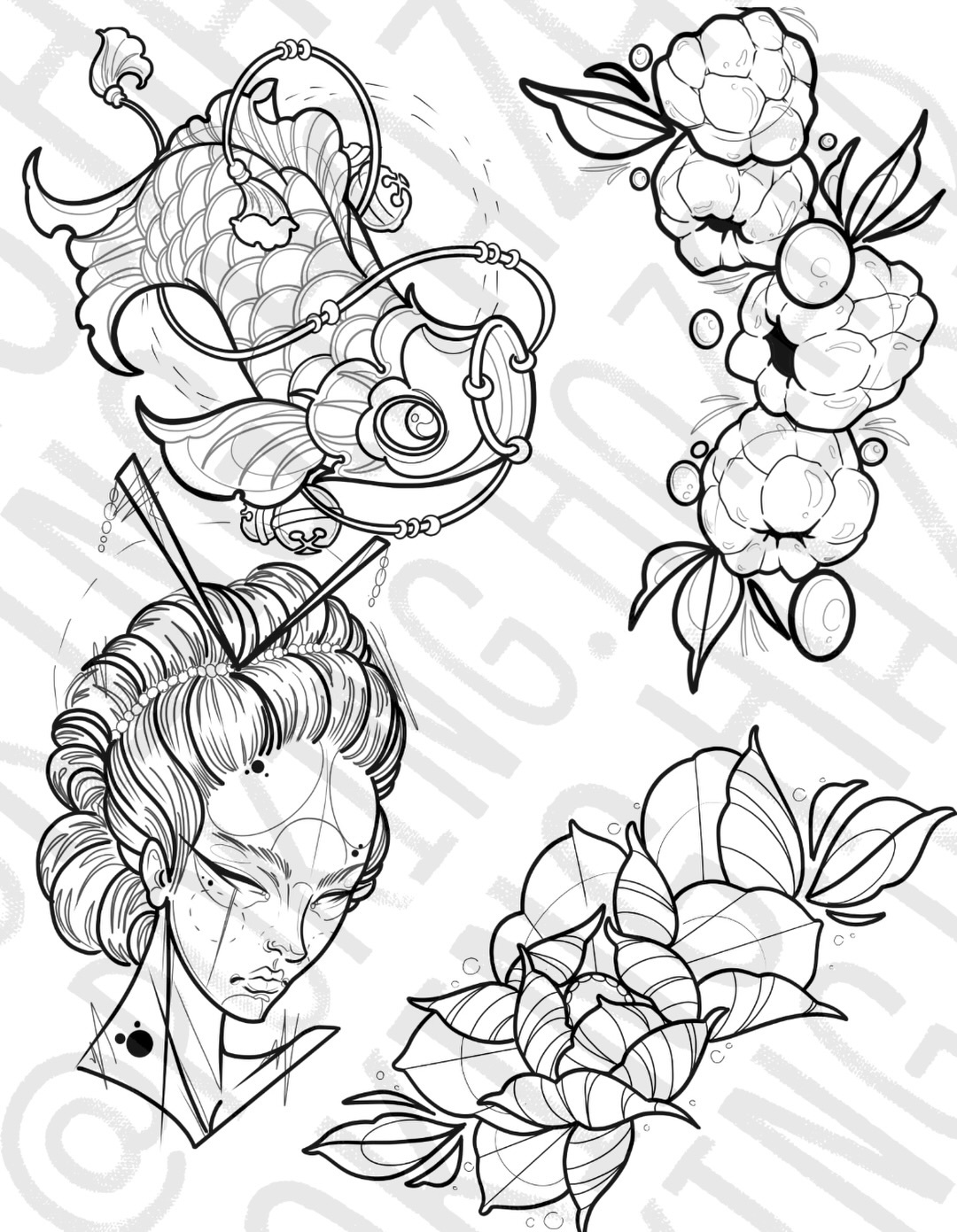 Available illustrative tattoo flash sheet featuring a decorative koi fish, a geisha portrait, and custom floral designs by AJ at Poking Hazard in Edmonton, AB.