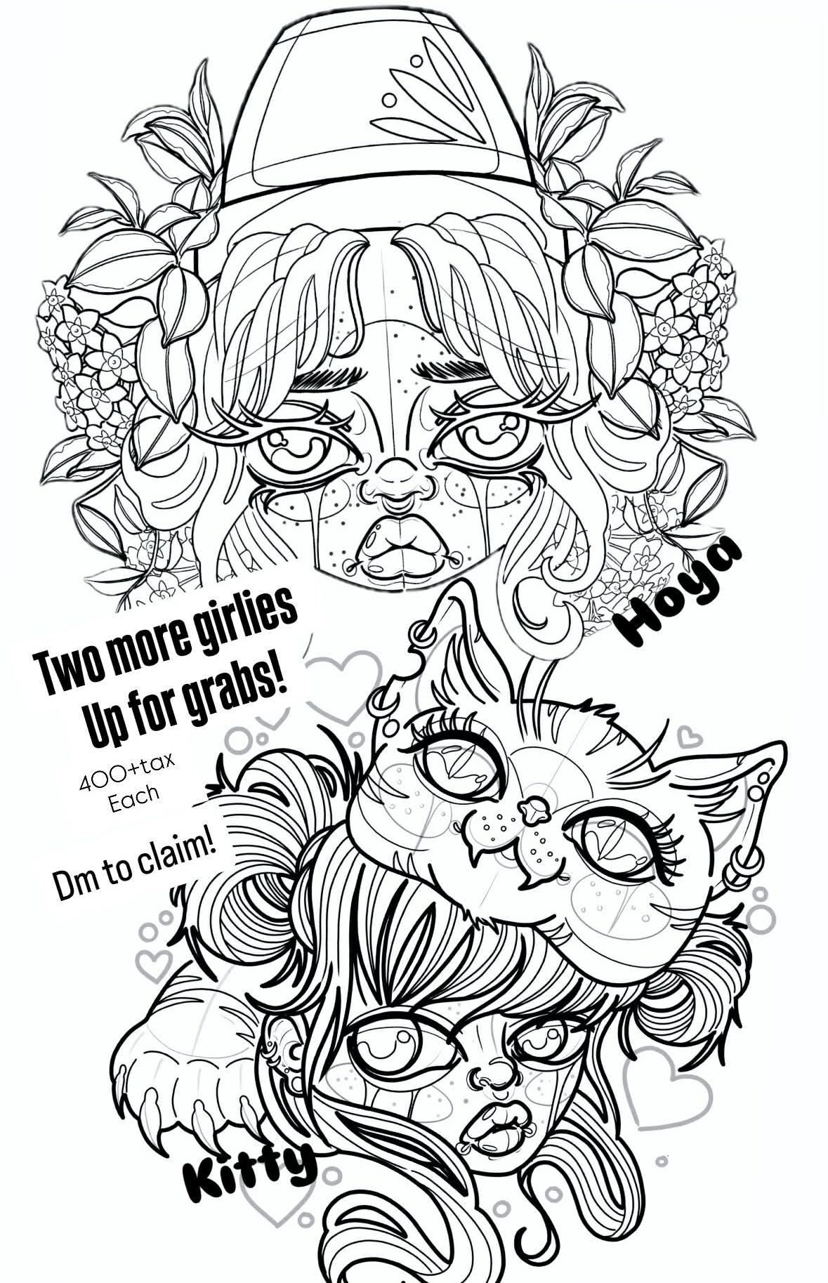 Available illustrative tattoo flash featuring two character designs: 'Hoya,' a girl with floral hair, and 'Kitty,' a girl with a cat mask. Priced at $400 each by AJ at Poking Hazard in Edmonton.