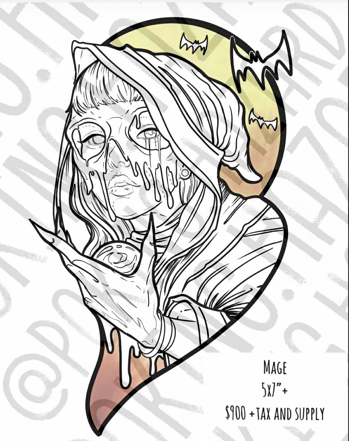 Available large-scale illustrative tattoo design titled 'Mage' featuring a hooded figure with a melting face holding a crystal ball, with bat silhouettes and a yellow moon. Priced at $900 plus tax and supplies by AJ at Poking Hazard in Edmonton.