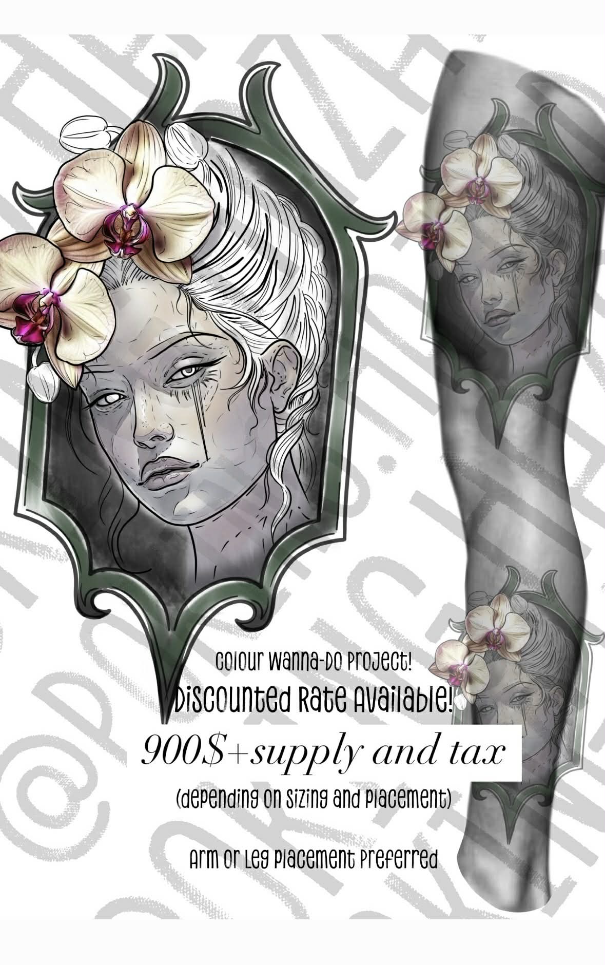 Available large-scale illustrative tattoo project featuring a woman with pink orchids in her hair, framed by decorative linework. Discounted rate available, starting at $900 plus supply and tax by AJ at Poking Hazard in Edmonton.
