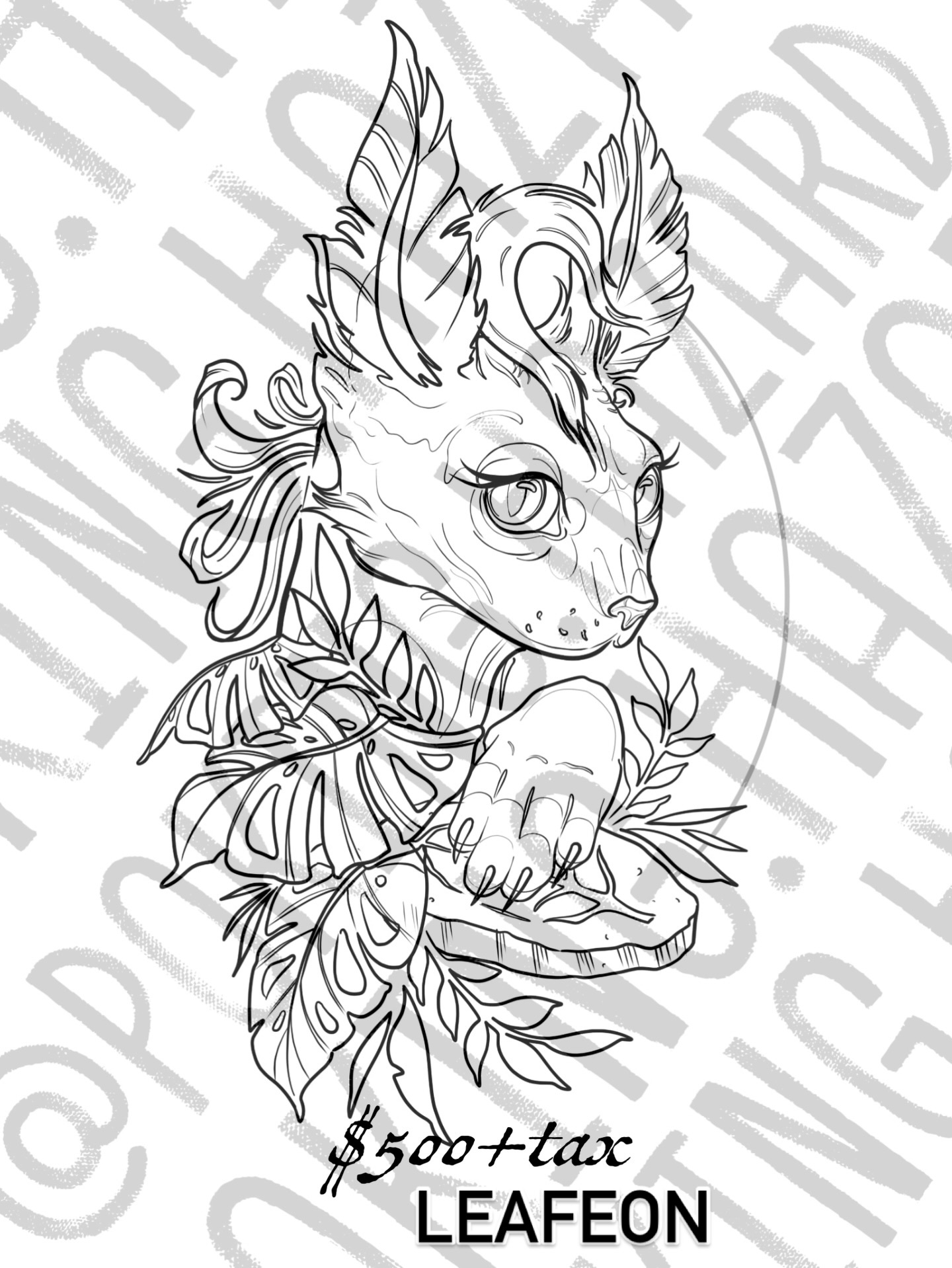 Available custom illustrative tattoo design of the Pokémon Leafeon with botanical monstera leaf accents, priced at $500 plus tax by AJ at Poking Hazard in Edmonton, AB