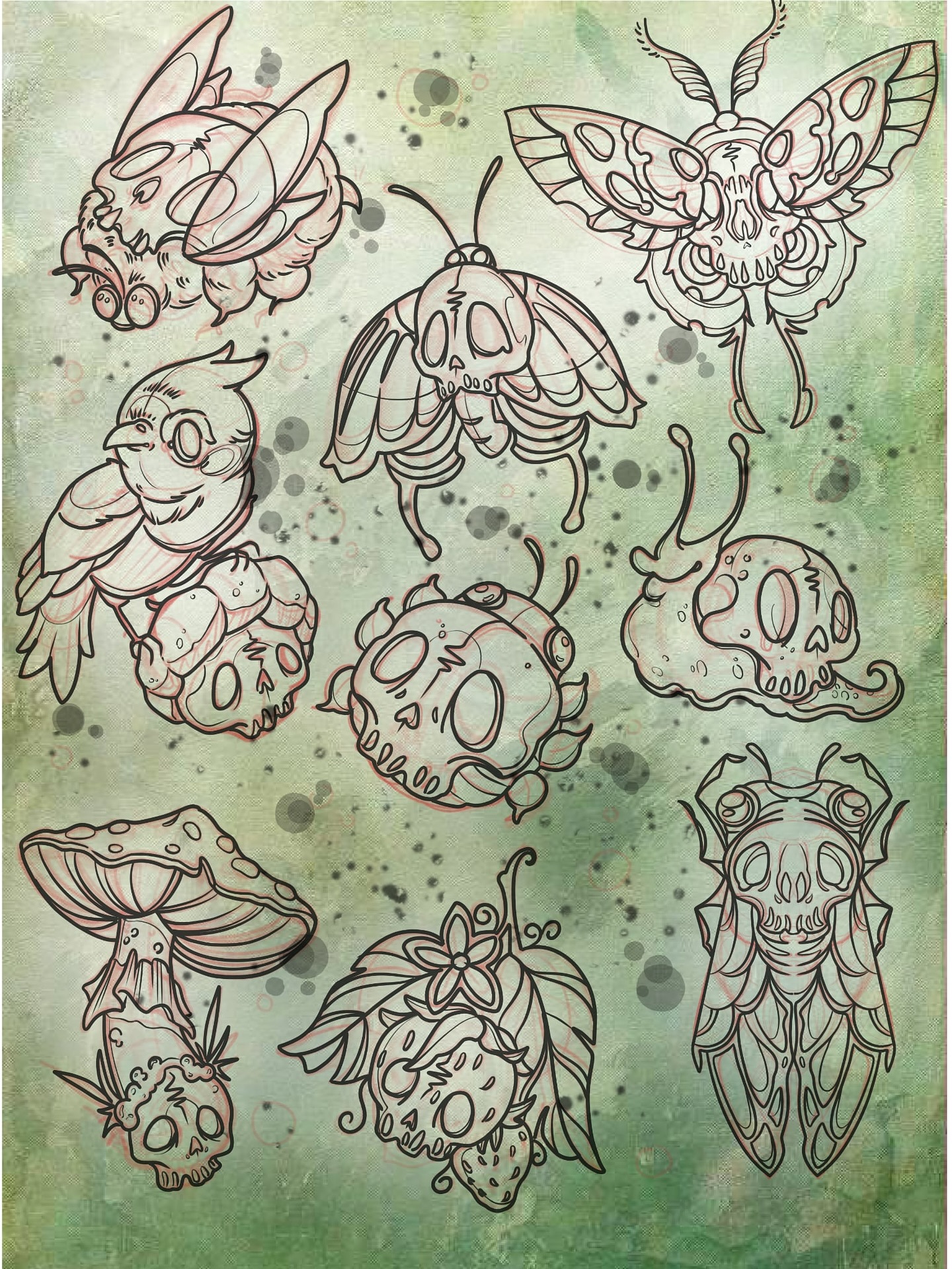 Available illustrative tattoo flash sheet featuring nature-inspired designs with macabre skull elements, including a moth, snail, bird, and mushroom, by AJ at Poking Hazard in Edmonton, AB. Inquire for pricing.