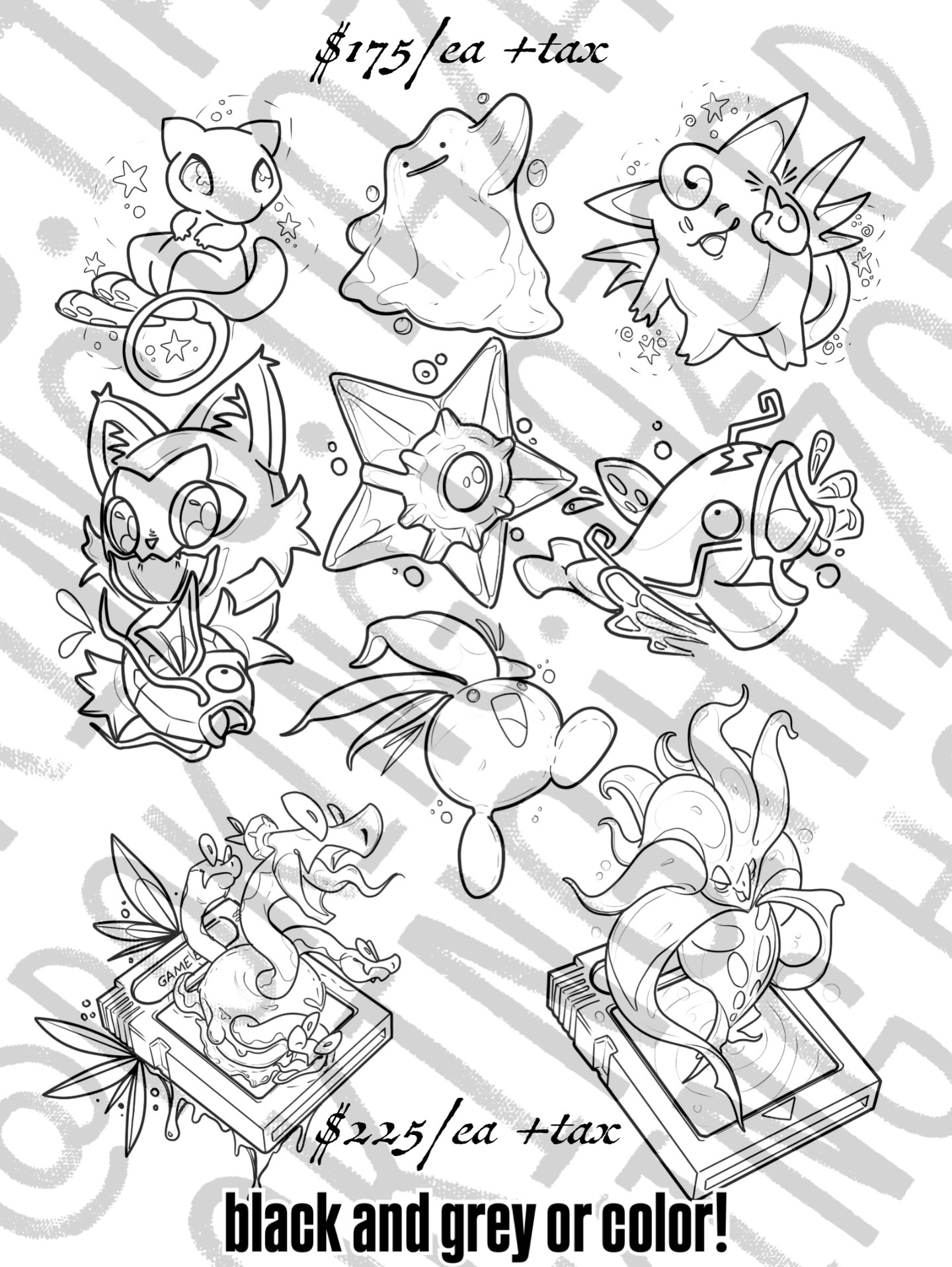 edmonton-tattoo-Available Pokémon-themed tattoo flash sheet featuring Mew, Ditto, and other characters with set pricing, by AJ at Poking Hazard in Edmonton, AB.available-pokemon-flash-set-prices-poking-hazard