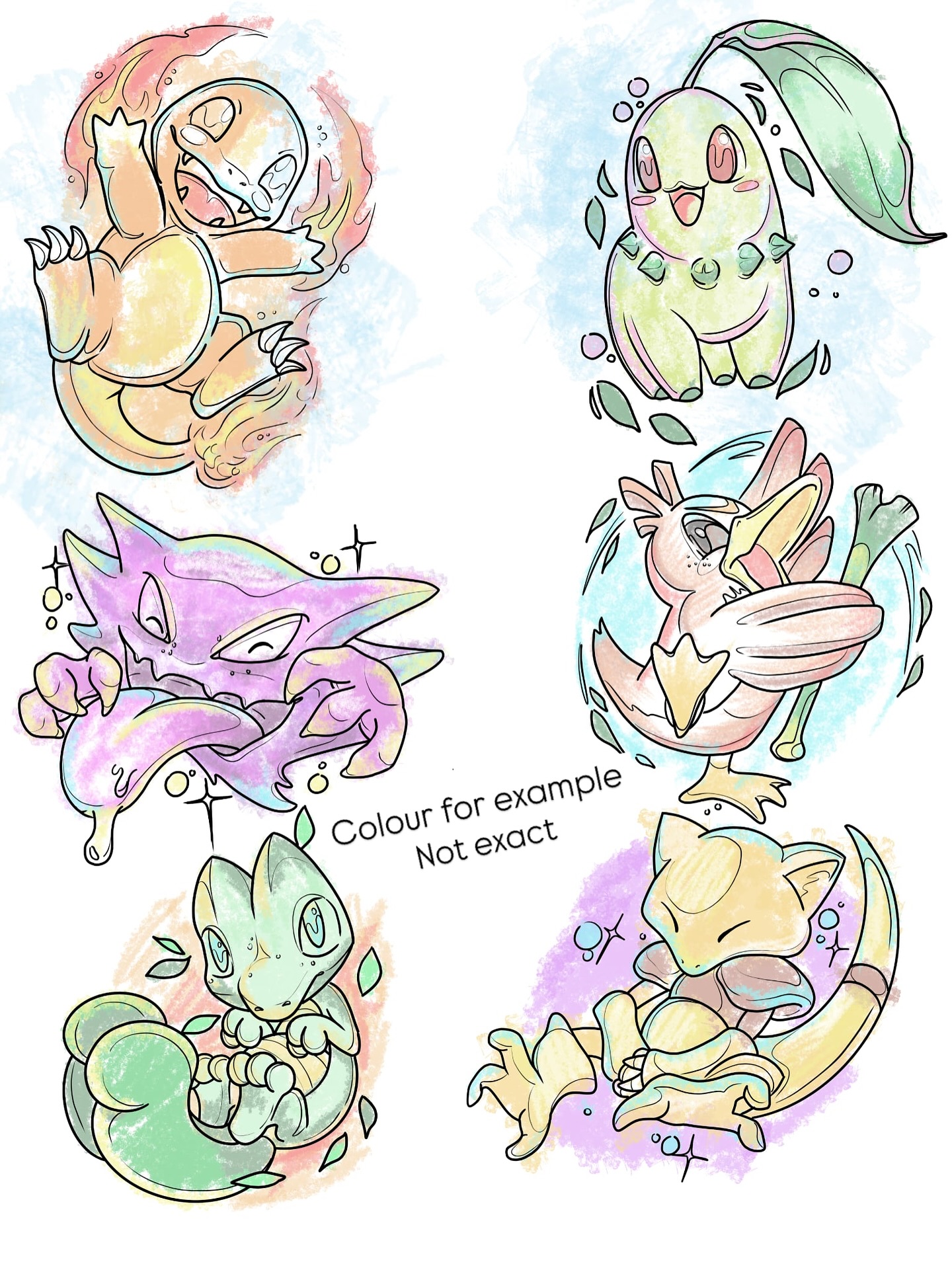 Available illustrative tattoo flash sheet featuring dynamic poses of Squirtle, Chikorita, Haunter, Farfetch'd, Treecko, and Abra, by AJ at Poking Hazard in Edmonton, AB. Inquire for pricing; color available for reference.