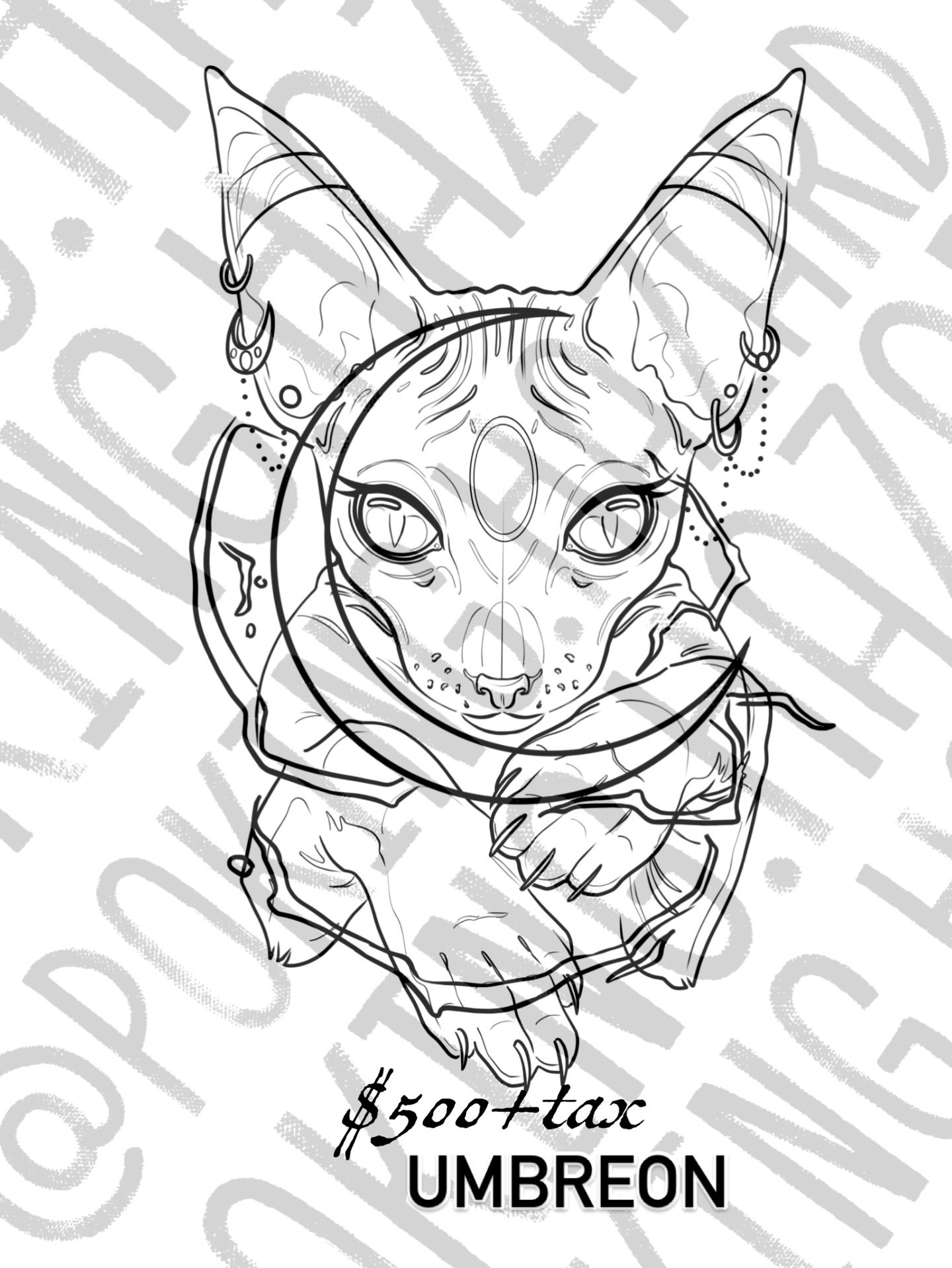 Available custom illustrative tattoo design of the Pokémon Umbreon featuring crescent moon and jewelry details, priced at $500 plus tax by AJ at Poking Hazard in Edmonton, AB