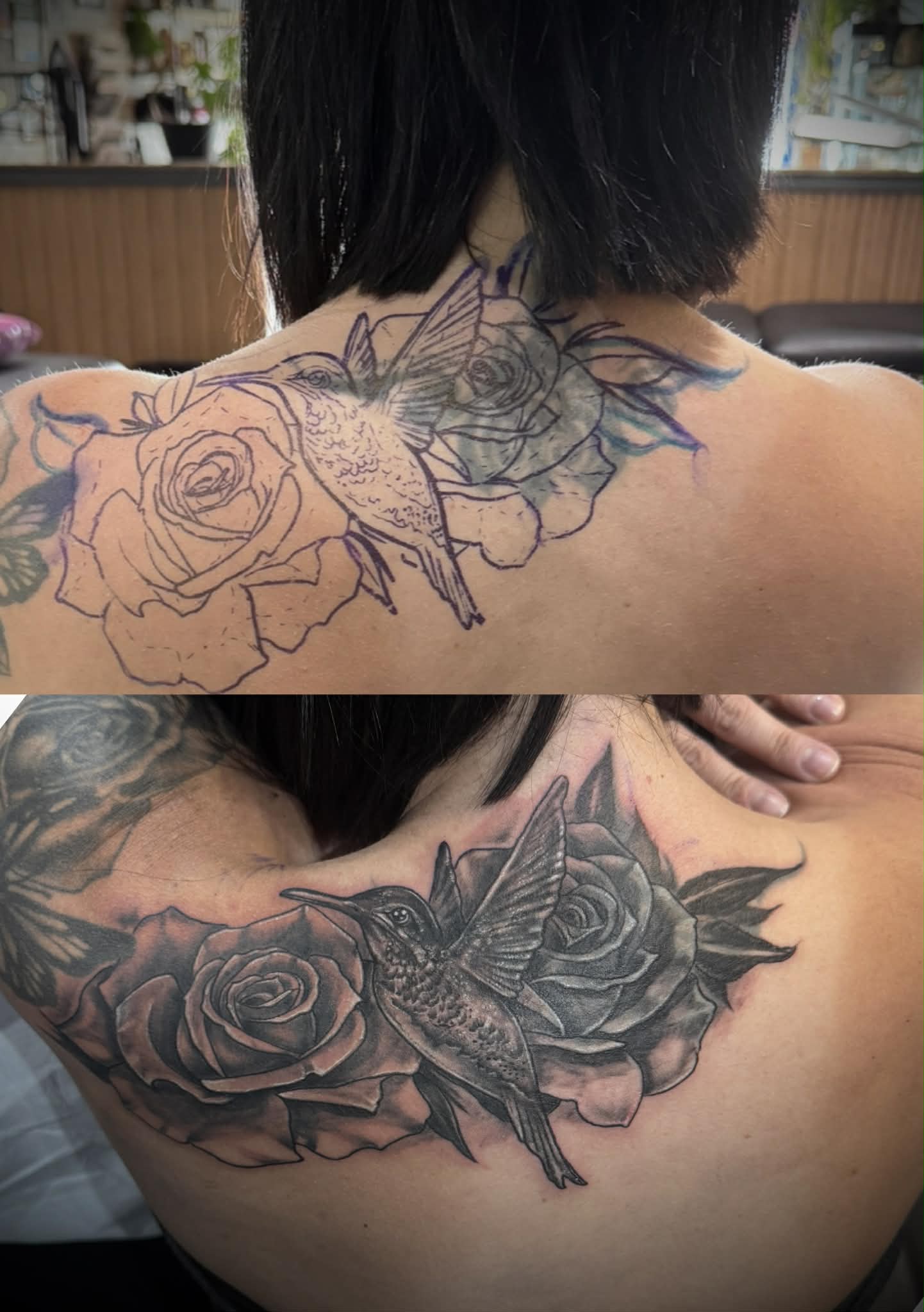 Professional black and grey hummingbird and rose cover-up tattoo on a shoulder, showcasing AJ's expert ink transformation at Poking Hazard's private studio in Edmonton, AB.
