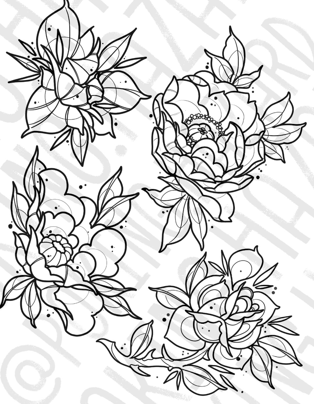 Available custom floral flash tattoo designs featuring illustrative peonies and roses, ready for booking with AJ at Poking Hazard in Edmonton, AB.