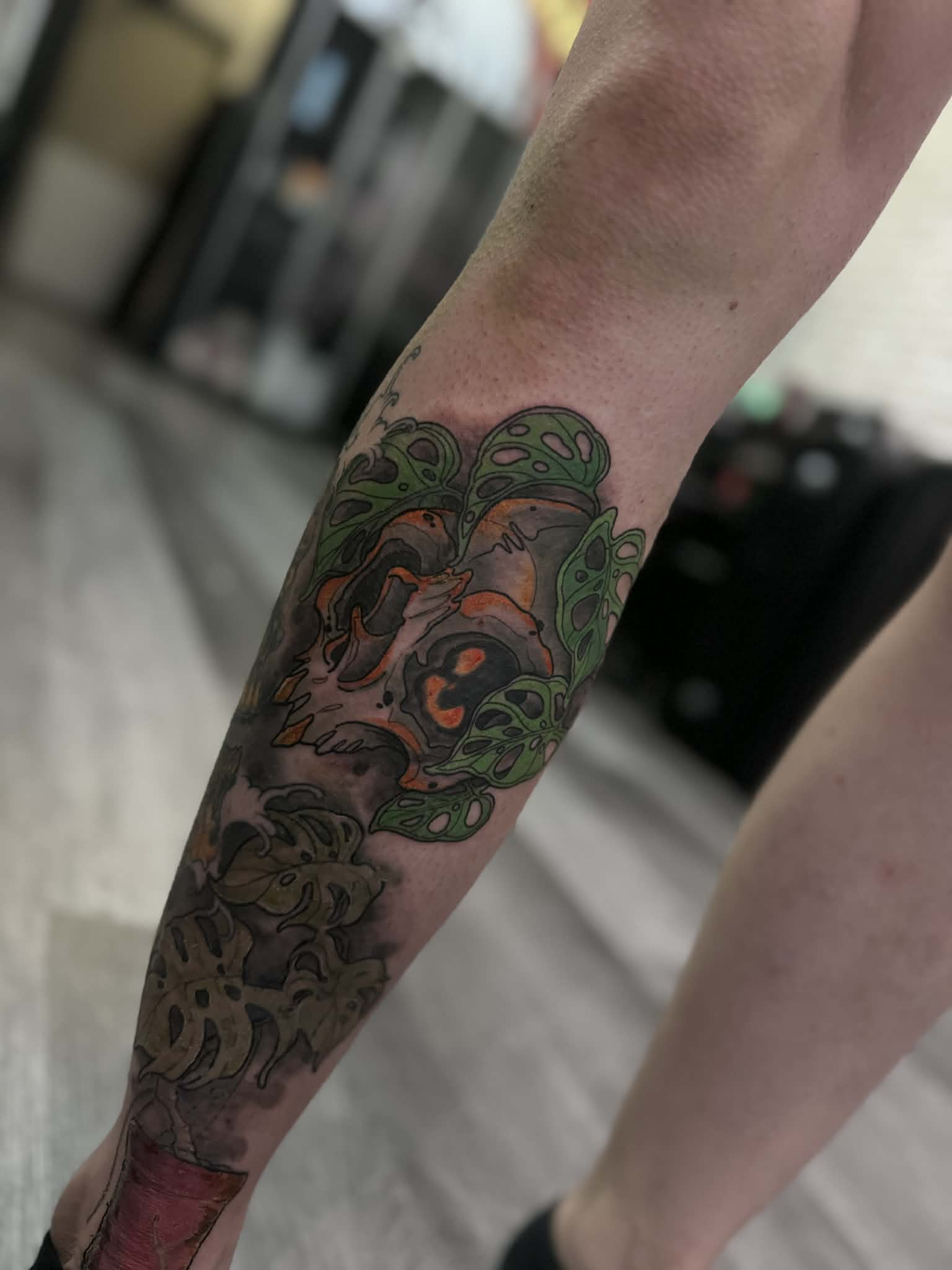 Vibrant color tattoo of a skull intertwined with Monstera leaves, completed by AJ at Poking Hazard, a skin-informed private tattoo studio in Edmonton, AB.